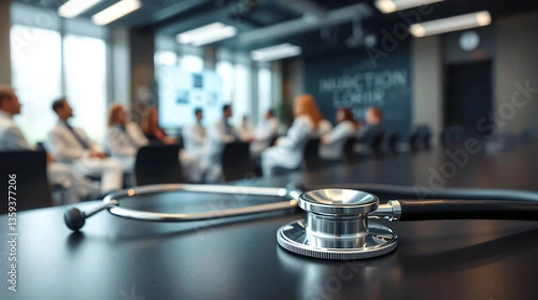 Fototapeta Close up of stethoscope on table with background of conference room full of doctors and medical personnel listening to medical presentation