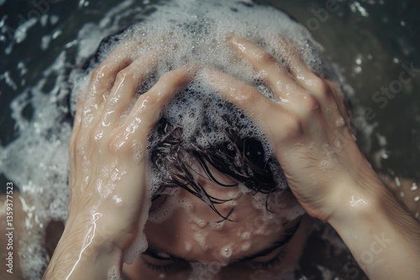 Fototapeta Man rinsing his shampoo in the shower 