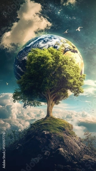 Fototapeta A large green tree growing on a rock with planet earth
