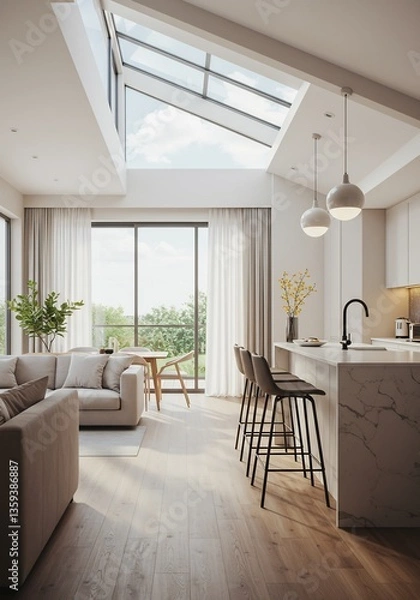 Fototapeta Modern open plan apartment sunlight streams through skylight. AI Generated