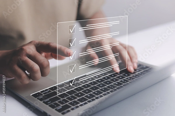 Obraz Business Performance Checklist Businessman Using Laptop Doing Online Checklist Survey On Computer Filling Out Digital Form Checklist Survey Doing Assessment Questionnaire Evaluation	
