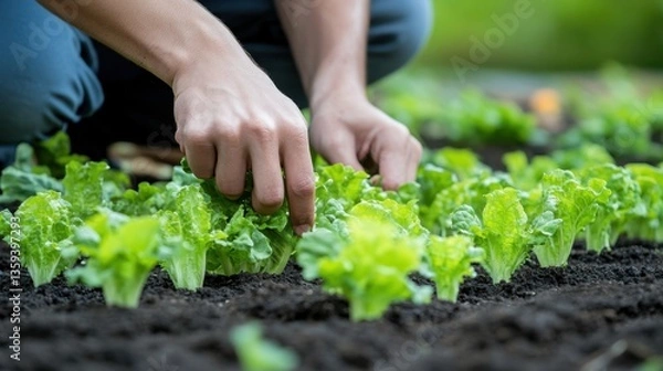 Fototapeta A person is planting lettuce in neat rows during a cloudy day, showcasing the care and attention given to the garden