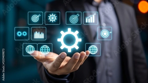 Fototapeta Automatic control system with modern technology for business management, businessman hand touching gears icon showing automation software operation