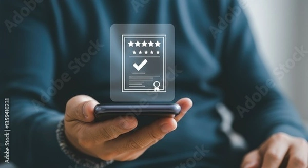 Fototapeta Person with smartphone, displaying digital certificate, concept of cybersecurity and data protection