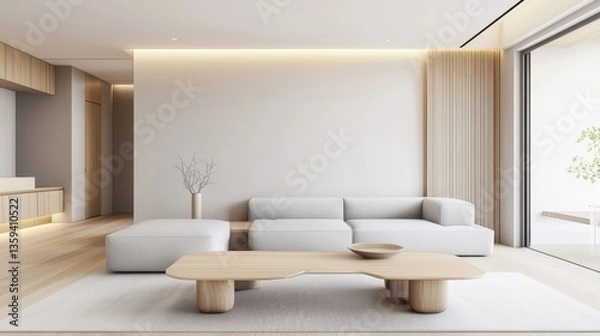 Fototapeta Japandi minimalist interior, perimeter LED ceiling lighting, low neutral sofa, pale wood table, balanced light and depth