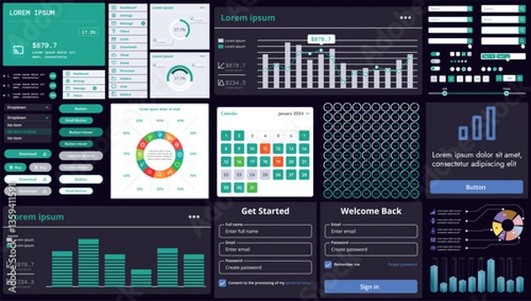 Fototapeta A set of modern interface elements for apps and websites: buttons, graphs, charts, and menus, perfect for business, dashboards, and responsive layouts.