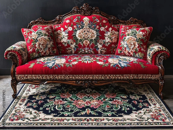 Fototapeta Contemporary living room featuring bold patterns in sofa and rug for a vibrant atmosphere