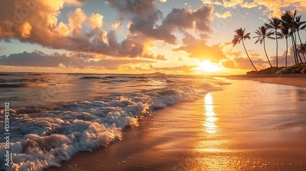 Fototapeta Amazing vivid sunset over beach with palm trees. Colorful sky and calm sea. Relaxing and peaceful scene. Great for travel and tourism industry.