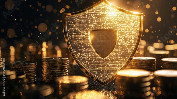 Fototapeta golden shield infused with soft radiant glow stands prominently among stacks of shimmering coins, symbolizing protection and wealth. scene evokes sense of security and prosperity