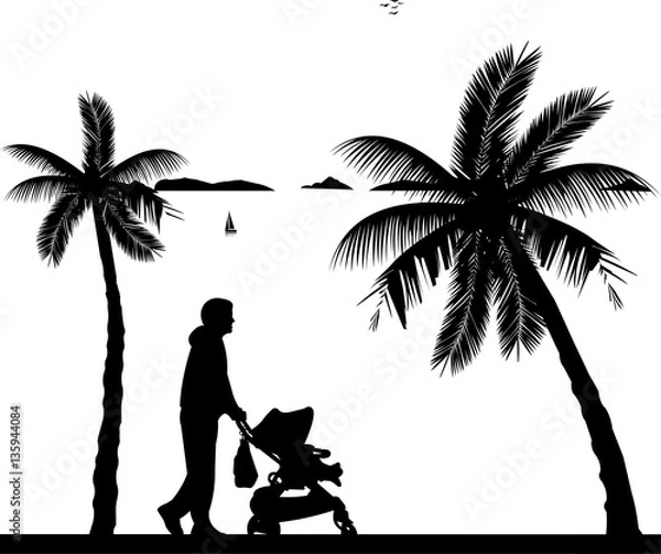 Fototapeta Father walking with his baby in a stroller on the beach, one in the series of similar images silhouette