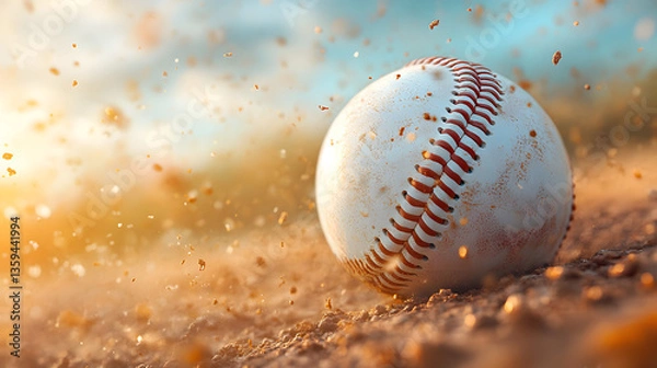 Obraz Baseball in Action: A detailed baseball, slightly worn, rests on a dusty baseball field, with dynamic particles of soil and a soft, blurry background create a sense of action and motion.