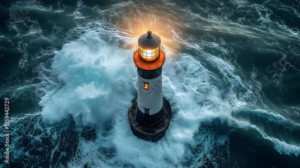Fototapeta Guiding Light: A lighthouse stands steadfast amidst turbulent waves, its beacon illuminating the stormy sea, symbolizing guidance and resilience. 