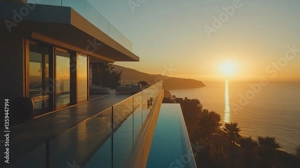 Fototapeta Luxurious Malibu villa perched above the Pacific, expansive deck with seamless glass railings showcasing uninterrupted ocean views, soft golden sunlight creating a serene setting 