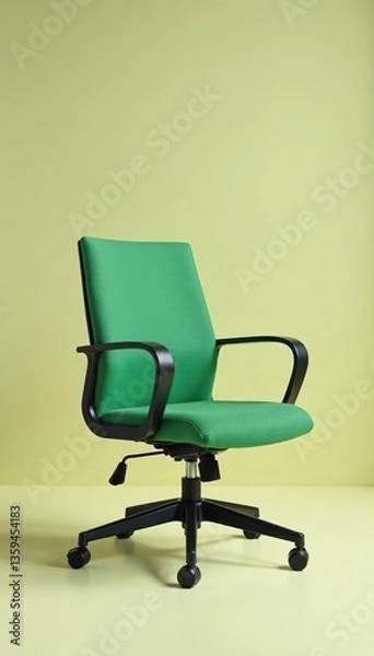 Fototapeta Empty green office chair on plain background with soft lighting,  soft lighting,  interior