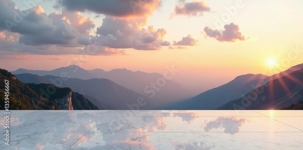 Fototapeta Empty marble floor with panoramic sky view of mountain at sunrise, perfect for product display or montage,  panoramic view,  bright