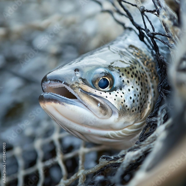 Fototapeta Write a story from the perspective of a salmon trying to escape a fishermans net 