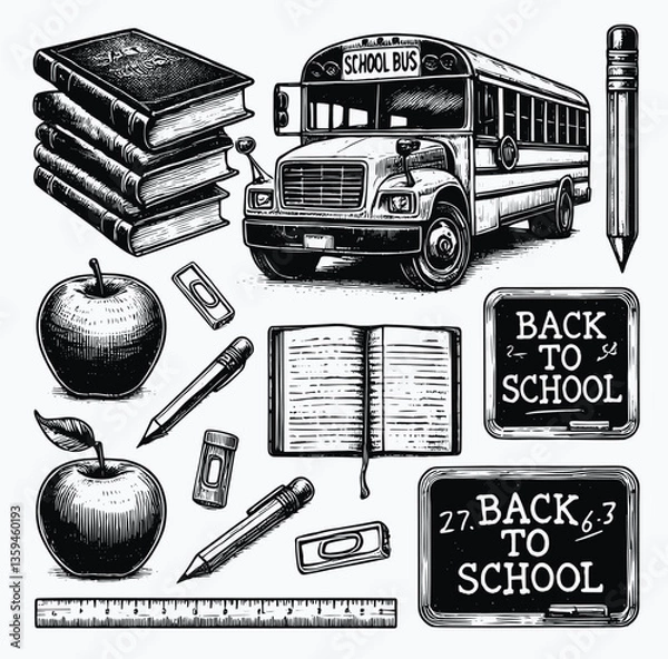 Fototapeta A school bus with a collection of school objects like books and apple for back to school time vintage illustrations