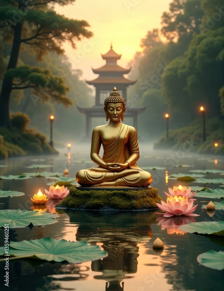 Obraz Serene vesak day celebration with buddha statue in tranquil lotus pond