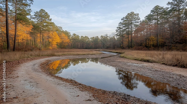 Obraz A winding dirt road reflecting golden trees leads to a narrow stream amidst a serene autumnal landscape under a partly