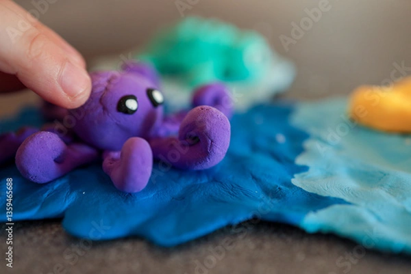 Obraz Children playing with colorful sea animals made from modeling clay, including a purple octopus, green fish, yellow starfish, and a red volcano on a blue ocean base