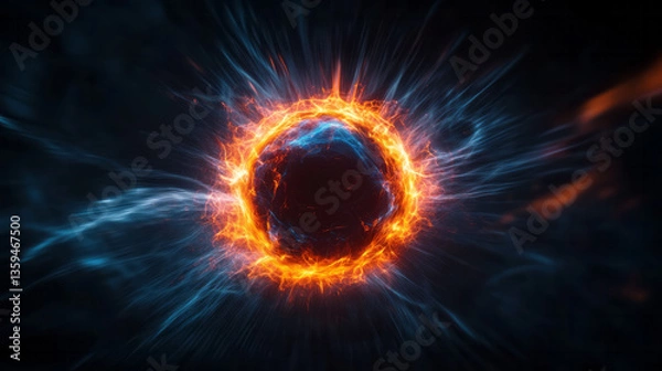 Fototapeta A conceptual science art piece showing a bright sphere emitting energetic particles, visualizing