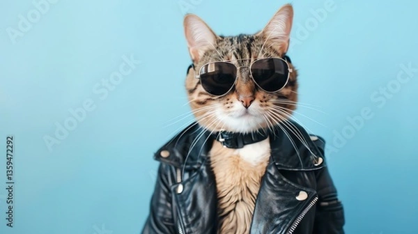 Obraz A cool cat wearing sunglasses and a leather jacket is looking at the camera with a confident expression.