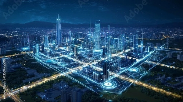 Fototapeta Advanced cityscape featuring autonomous transport hubs, glowing pathways connecting skyscrapers 