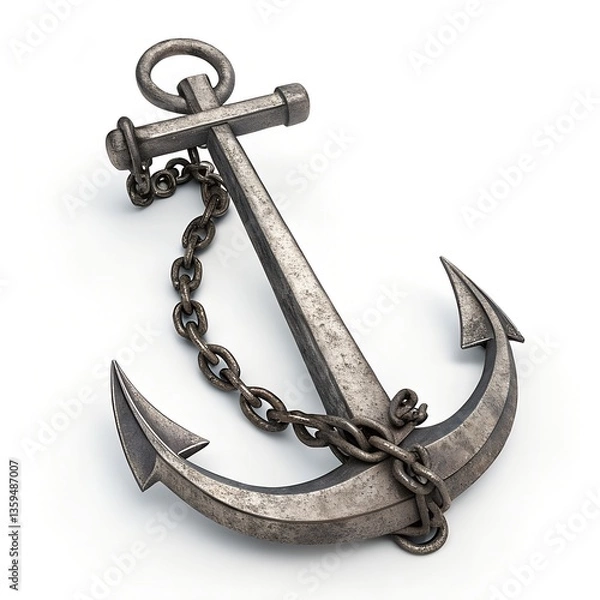 Fototapeta Old Metal Anchor with Chain Isolated. A weathered metal anchor with an attached chain, isolated on white background, symbolizing stability, nautical themes, and maritime concepts
