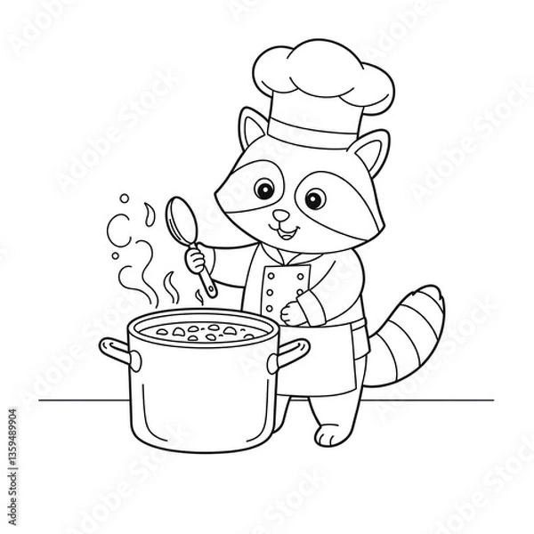 Fototapeta Line drawing of raccoon chef stirring pot of soup, wearing chef's hat and apron, symbolizing cooking, culinary arts, or children's illustration