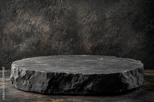 Fototapeta Rough, black stone slab against dark wall, studio shot, close-up view. Use as product display, mock up, or textured background.