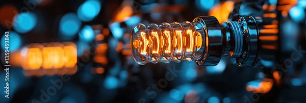 Fototapeta Close-up of Illuminated Spiral Filament Light Bulb with Metallic Base