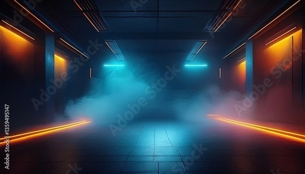 Obraz background of an empty room with smoke and neon light dark abstract background