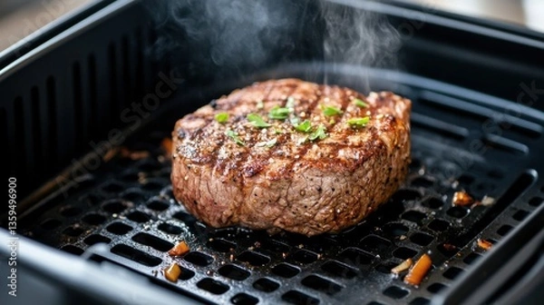 Obraz Juicy Well-Seasoned Steak Sizzling Inside an Air Fryer with Steam Rising for a Perfectly Cooked Meal Ready to Enjoy