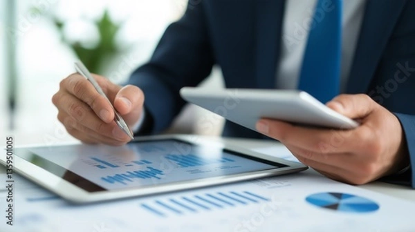 Fototapeta Close-up of two business professionals reviewing and signing a legal contract at a modern office desk, tablet and documents in the background
