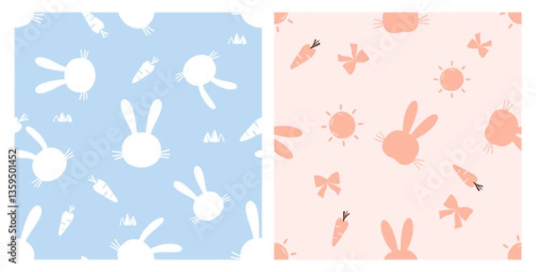 Fototapeta Seamless patterns with bunny rabbit cartoons, carrot, grass, sun and ribbon bows on blue and pink backgrounds vector. 