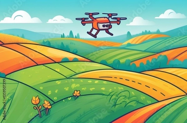 Obraz Illustration of an agrodrone exploring farmers' fields
