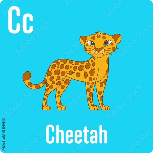 Fototapeta Cartoon drawing of a spotted wild cat. Large cat with yellow fur and brown spots and blue eyes. Blue background with text.