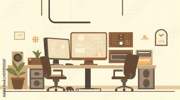 Fototapeta Modern flat design natural earth tones Cyberpunk IT lab image adorable cute charming features browns beiges muted colors simple two-dimensional shapes