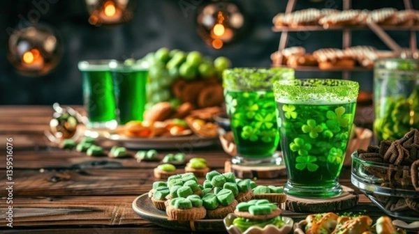 Fototapeta St. Patrick's Day-themed food spread with green drinks and shamrock-shaped snacks.
