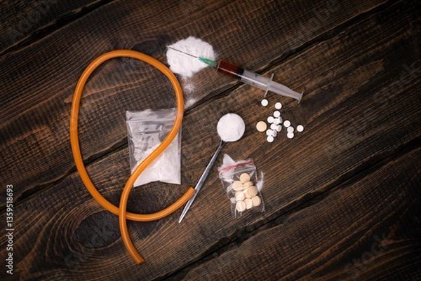 Fototapeta Syringe with drugs dose and medical tourniquet on black background. Narcotic substances in spoon. powder in plastic bag. Drugs concept on dark place. Heroin narcotic crime. Danger addict criminal