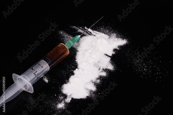 Fototapeta Syringe with drugs dose black background. Drugs concept on dark place. Heroin narcotic crime. Danger addict problem criminal