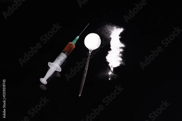 Fototapeta Syringe with drugs dose on black background. Narcotic substances in spoon. Drugs concept on dark place. addiction and bad habits. Heroin narcotic crime. Danger addict problem criminal