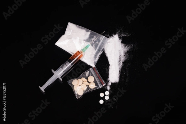 Fototapeta Syringe with drugs dose on black background. Narcotic substances in spoon. powder in plastic bag. Drugs concept on dark place. Heroin narcotic crime. Danger addict problem criminal
