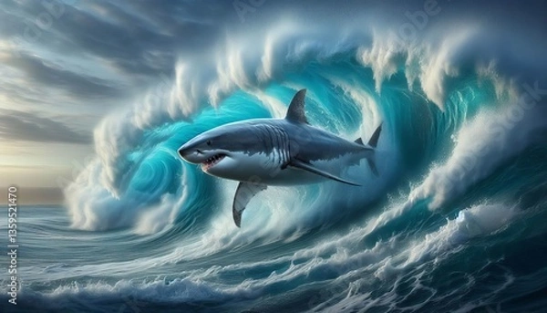 Fototapeta Shark in the Surf A dynamic coastal seascape captures a great wh