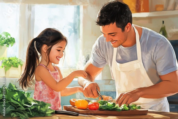 Obraz Man and girl cooking in a colorful kitchen filled with fresh ingredients and utensils. They mix, chop, and laugh together in a warm and inviting setting.