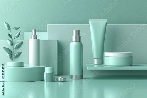 Fototapeta A serene arrangement of mint green skincare products on a soft textured background, embodying freshness and tranquility.