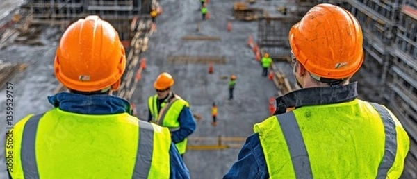 Fototapeta Construction workers in safety gear oversee a worksite, emphasizing teamwork and safety in a bustling environment.