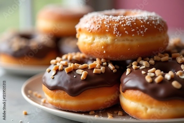 Obraz Delicious donuts stacked tempting treat macro detail