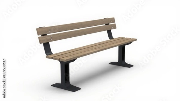 Fototapeta A sleek outdoor bench with a wooden seat and backrest featuring horizontal slats, supported by sturdy black metal legs. Modern, minimalist, and durable design