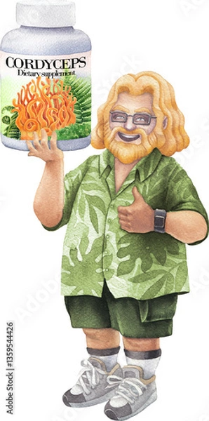 Obraz Watercolor man in a Hawaiian shirt holds a bottle of Cordyceps mushroom supplement, smiling and giving a thumbs-up